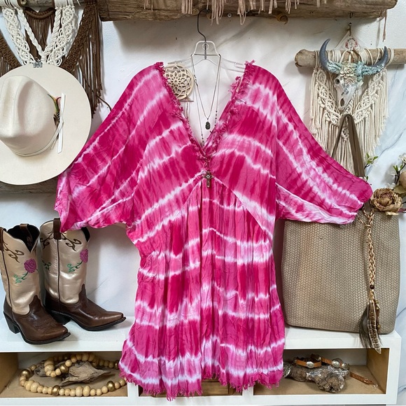 Vanduch Barbie PINK Tie dye mini dress/tunic/cover up w rustic edge & vacay vibe - Picture 4 of 13